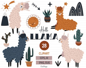 May include: A collection of llama-themed clipart illustrations in various colors, including pink, brown, and blue. The set includes cacti, mountains, a sun, and the text "Hello Llama" with the number "28" and file type information.