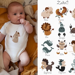 Pode incluir: Um conjunto de 12 ilustra&ccedil;&otilde;es coloridas dos signos do zod&iacute;aco. Cada signo &eacute; retratado como um animal de desenho animado fofo com estrelas e elementos celestiais. As ilustra&ccedil;&otilde;es s&atilde;o perfeitas para criar presentes personalizados, decora&ccedil;&atilde;o de casa ou designs digitais.