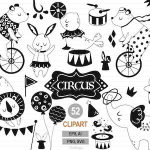 Imágenes prediseñadas de circo negro, animales negros SVG, animales de circo PNG, animales de línea SVG, imprimible de circo, elefante de circo, león, oso de circo negro
