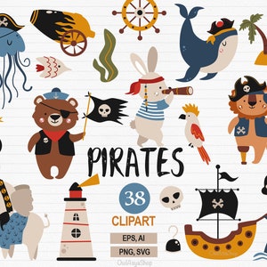 May include: A set of 38 pirate-themed clip art images featuring a variety of animals, including a bear, a lion, a rabbit, an elephant, a jellyfish, and a whale. The clip art also includes a pirate ship, a lighthouse, a cannon, a palm tree, a skull and crossbones, and a treasure chest. The clip art is perfect for creating invitations, cards, party decorations, and other crafts.