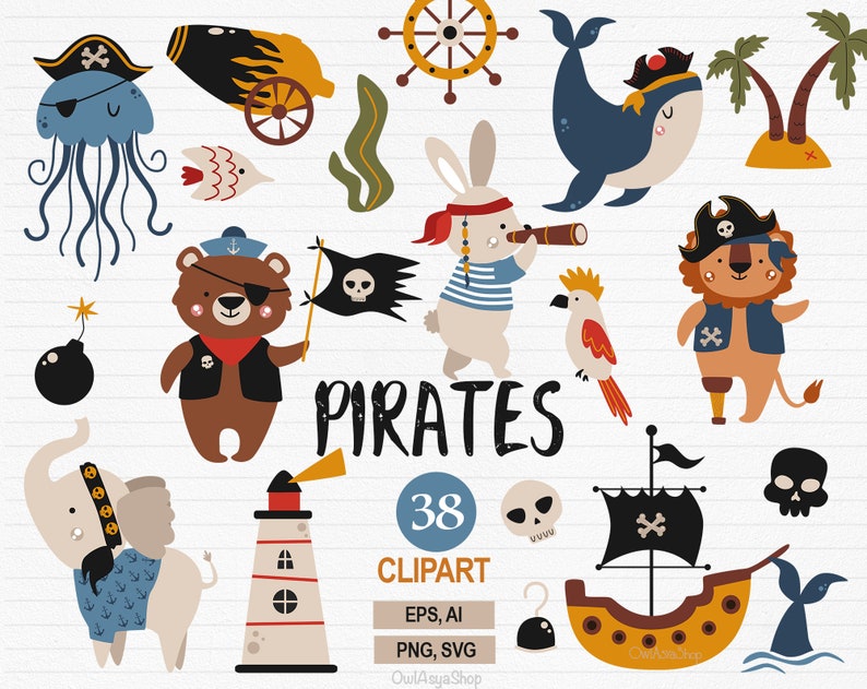 May include: A set of 38 pirate-themed clip art images featuring a variety of animals, including a bear, a lion, a rabbit, an elephant, a jellyfish, and a whale. The clip art also includes a pirate ship, a lighthouse, a cannon, a palm tree, a skull and crossbones, and a treasure chest. The clip art is perfect for creating invitations, cards, party decorations, and other crafts.