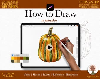 May include: A digital art tutorial on an iPad screen, showing how to draw a pumpkin. The pumpkin is orange, green, and yellow with a green stem. The text reads "How to Draw a pumpkin". Includes a color palette and video tutorial.