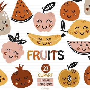 Clipart di frutta, SVG di frutta carina, PNG di frutta kawaii, Frutta tropicale, Personaggi carini, Anguria, Banana, Arancia, Clipart di limone, Uso commerciale