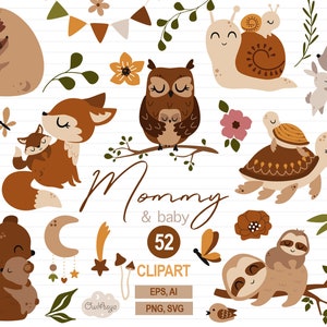 Clipart animali, Madre e bambino svg, Animali del bosco PNG, Animale Boho, Uso commerciale, Festa della mamma, Clipart madre, Mamma e cuccioli di animali