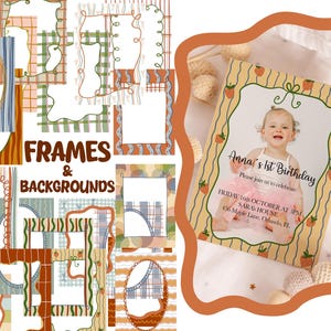 May include: A collection of digital frames and backgrounds in various styles and colors, including striped, checkered, and floral designs. The image also features a birthday invitation with a photo of a baby and the text "Anna's 1st Birthday".