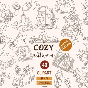Könnte beinhalten: Schwarz-Weiß-Illustration mit Herbstmotiven: Kürbisse, Bücher, Pilze, Eicheln und eine Tasse. Der Text "COZY autumn" und "40 CLIPART" ist ebenfalls enthalten. Handgezeichnetes Design, Formate EPS, AI, PNG und SVG.