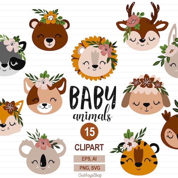 Boho animal svg, Animal faces clipart, Cute animal png, Animal head clipart, Animal with flower, Bohemian animals svg, Commercial use