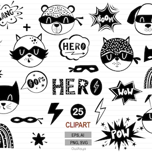 Super Hero Clipart, Super Hero Animal SVG, Black Animals PNG, Festa di compleanno fai da te, Testa di animali, Arte scandinava, Citazione di Super eroe