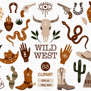 Wilder Westen Clipart, Boho Western Clipart, Schädel Stier Clipart, Boho Clipart, Cowboy svg, Wilder Westen svg, Western Wandkunst, kommerzielle Nutzung