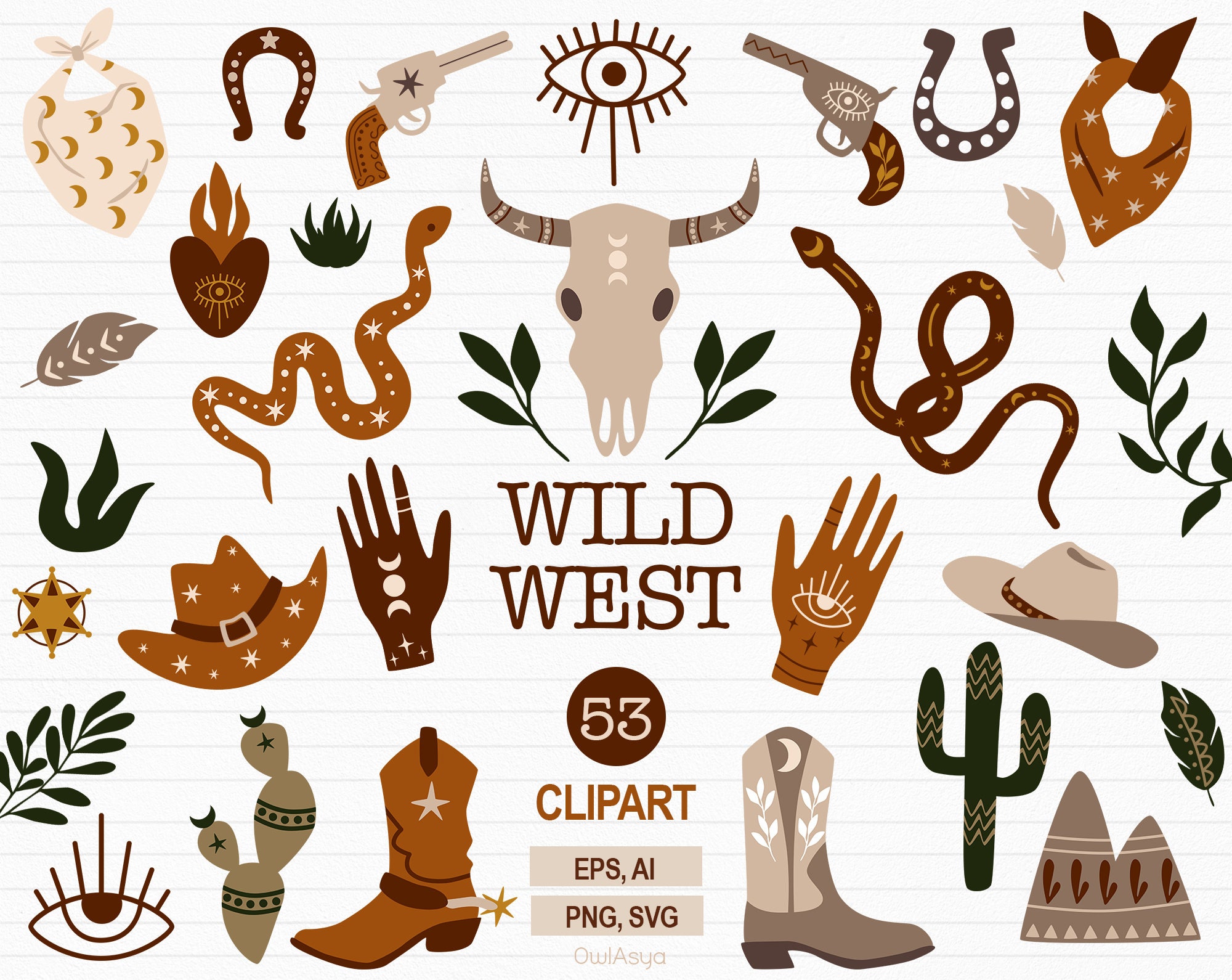 Wild West Clipart, Boho Western Svg, Skull Bull Clipart, Boho Clipart