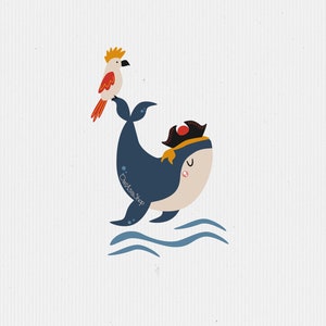May include: A blue whale with a pirate hat and a red and yellow parrot perched on its tail fin. The whale is swimming in blue water with white waves. The text "OwlSeashop" is written on the whale's body.