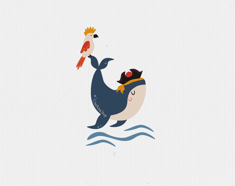 May include: A blue whale with a pirate hat and a red and yellow parrot perched on its tail fin. The whale is swimming in blue water with white waves. The text "OwlSeashop" is written on the whale's body.