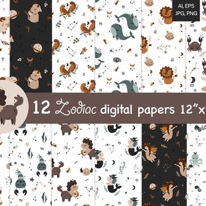 Zodiac patterns, Astrology paper, Baby paper, Celestial animals, Zodiac sign paper, Horoscope printable, Seamless patterns, Commercial Use