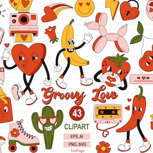 レトロなグルーヴィーなバレンタイン クリップアート、ヒッピー ラブ SVG、ハートのバレンタイン デー クリップアート、レトロな 90 年代の平和のスマイリー、個別の PNG SVG、デジタル ダウンロード