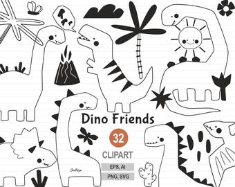 May include: Black and white clipart set of 32 dinosaur illustrations. The set includes a variety of dinosaurs, including a stegosaurus, a triceratops, a brachiosaurus, and a tyrannosaurus rex. The dinosaurs are all in a cartoon style and are perfect for use in children's books, crafts, and other projects.