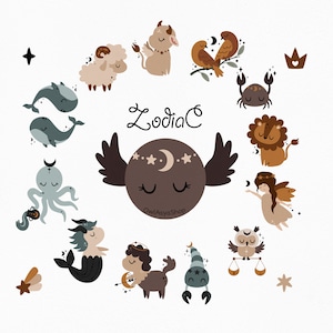 Pode incluir: Uma ilustra&ccedil;&atilde;o colorida dos signos do zod&iacute;aco, cada um retratado como um animal fofo. Os signos est&atilde;o dispostos em um c&iacute;rculo ao redor de uma lua marrom com estrelas e a palavra "Zodiac" escrita acima. Os signos incluem &Aacute;ries, Touro, G&ecirc;meos, C&acirc;ncer, Le&atilde;o, Virgem, Libra, Escorpi&atilde;o, Sagit&aacute;rio, Capricorne, Aqu&aacute;rio e Peixes.