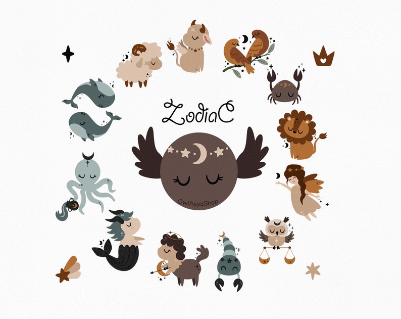 Pode incluir: Uma ilustra&ccedil;&atilde;o colorida dos signos do zod&iacute;aco, cada um retratado como um animal fofo. Os signos est&atilde;o dispostos em um c&iacute;rculo ao redor de uma lua marrom com estrelas e a palavra "Zodiac" escrita acima. Os signos incluem &Aacute;ries, Touro, G&ecirc;meos, C&acirc;ncer, Le&atilde;o, Virgem, Libra, Escorpi&atilde;o, Sagit&aacute;rio, Capricorne, Aqu&aacute;rio e Peixes.