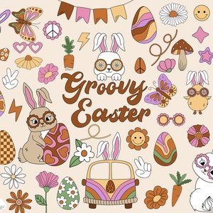 Pasqua retrò, Groovy Bunny Clipart, Easter Eggs PNG, Hippie Chick SVG, Spring Flower Clip Art, Daisy Easter, 70's retro, Logo Elements