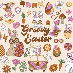 Retro Easter, Groovy Bunny Clipart, Easter Eggs PNG, Hippie Chick SVG, Spring Flower Clip Art, Daisy Easter, 70's retro, Logo Elements