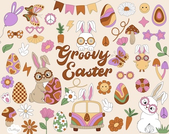 Retro Easter, Groovy Bunny Clipart, Easter Eggs PNG, Hippie Chick SVG, Spring Flower Clip Art, Daisy Easter, 70's retro, Logo Elements