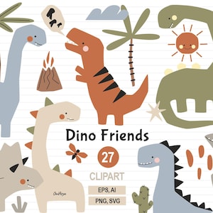 May include: A set of 27 colorful dinosaur illustrations, including a green, blue, and orange dinosaur, a brown triceratops, and a brown pterodactyl. The illustrations are in a cartoon style and are perfect for use in children's books, crafts, or other creative projects. The text "Dino Friends 27 Clipart" is included in the image.