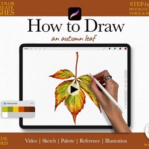 Op de afbeelding: Een digitale kunsttutorial op een iPad-scherm, die laat zien hoe je een herfstblad tekent. Het scherm toont een kleurrijk blad met groene, gele en oranje tinten. Tekst bevat "How to Draw an autumn leaf" en "Watercolor Procreate Brushes."
