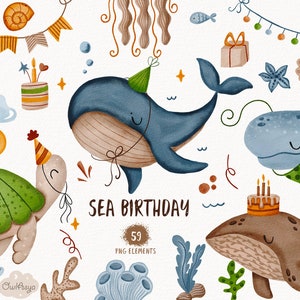 Onderzeese aquarel clipart, zeedier, verjaardagsfeestje, zee baby clipart, baby shower, kinderdagverblijf decor, walvis png, octopus, schildpad, kwal