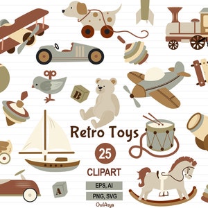 Vintage kinderkamer speelgoed clipart, speelgoed vector SVG, vintage pluche dieren, retro auto clipart, babyjongen vliegtuig, decor kinderkamer scrapbooking