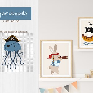 May include: A set of three digital illustrations featuring a blue jellyfish wearing a pirate hat and eyepatch, a rabbit wearing a pirate hat and holding a telescope, and a yellow pirate ship with a black sail.