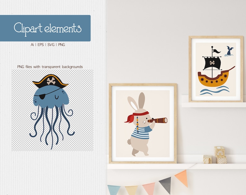 May include: A set of three digital illustrations featuring a blue jellyfish wearing a pirate hat and eyepatch, a rabbit wearing a pirate hat and holding a telescope, and a yellow pirate ship with a black sail.