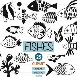 Schwarzer Fisch Clipart, Meerestiere SVG, Ozean Clipart, schwarzer Fisch SVG, Angeln Clipart, nautische Bündel, Leben im Meer PNG, Fisch Illustration
