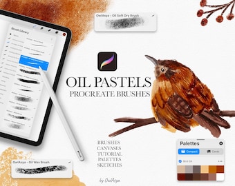 May include: A digital illustration of a bird painted with oil pastels. The image includes a digital tablet with a brush library and a color palette with a selection of brown and orange colors. The text "OIL PASTELS PROCREATE BRUSHES" is displayed in the center of the image.