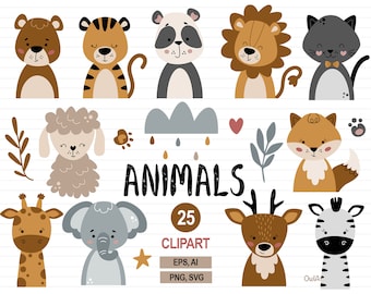 Animals svg, Boho animals clipart, Bohemian baby svg, Lion svg, Deer, Cat svg, Zoo clipart, Panda, Fox, Nursery printable, Commercial use