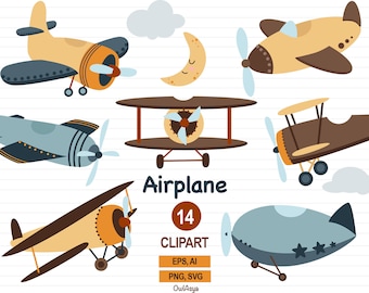 Airplane Clipart, Vintage Plane SVG, Baby Boy Aviation, Biplane Clipart, Nursery Decor, Kids Art, Plane Vector, Airship Illustration