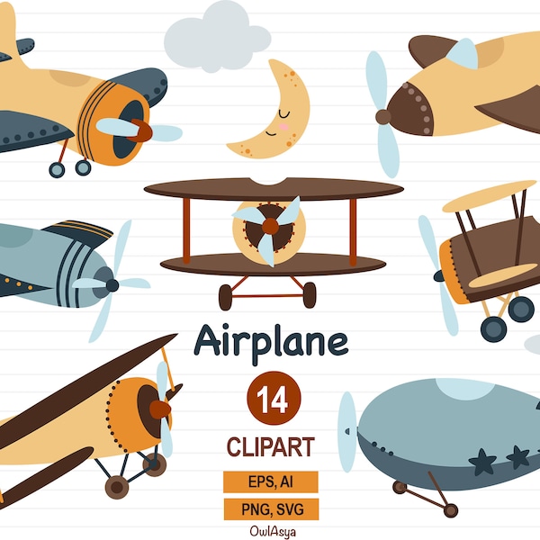 Airplane Clipart, Vintage Plane SVG, Baby Boy Aviation, Biplane Clipart, Nursery Decor, Kids Art, Plane Vector, Airship Illustration