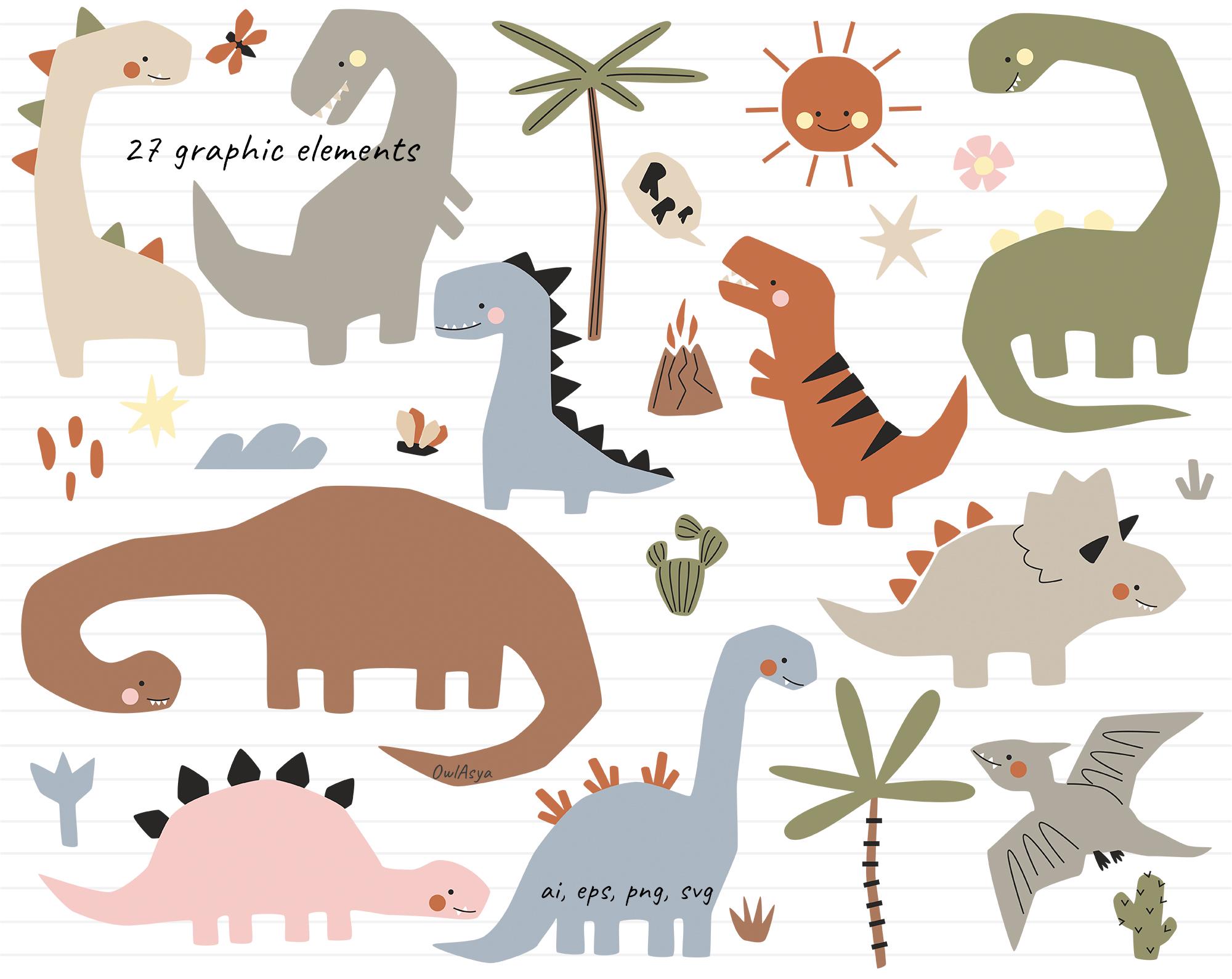 Hand Drawn Dinosaurs Clipart, Cute Dino Animals SVG, Little Animals SVG ...