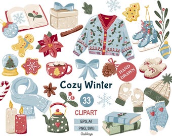 May include: A collection of hand-drawn winter-themed clipart illustrations. Includes a light blue cardigan, ice skates, a mug of hot chocolate, a scarf, mittens, a hat, socks, a gift box, a gingerbread man, and other festive items. The text "Cozy Winter" is also present.