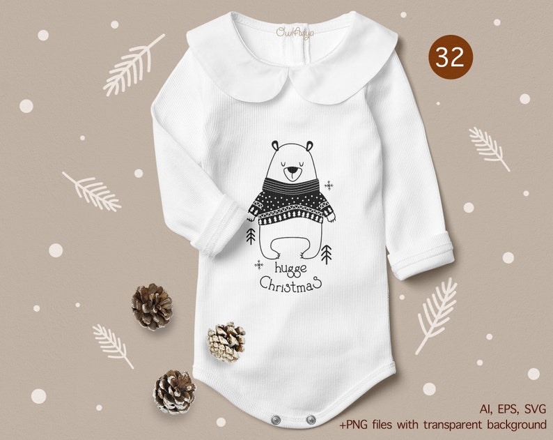 K&ouml;nnte beinhalten: Wei&szlig;er Baby-Strampler mit einer schwarz-wei&szlig;en Illustration eines B&auml;ren, der einen Pullover tr&auml;gt. Der Text "hugge Christmas" ist unter dem B&auml;ren gedruckt.