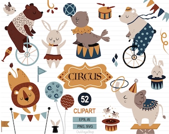 Circus clipart, Animals SVG, Circus animals PNG, Boho animals SVG, Circus printable, Circus elephant, Lion, Circus bear, Commercial Use