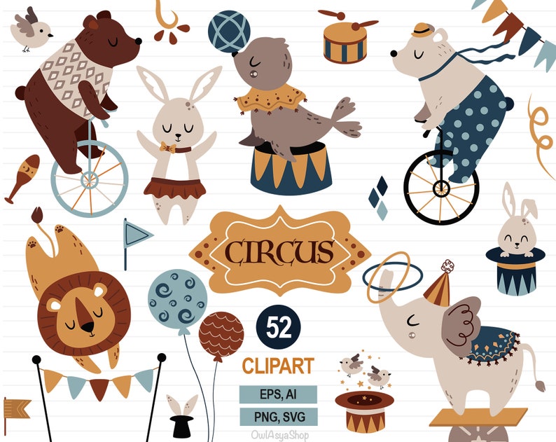 Circus Clipart, Animals SVG, Circus Animals PNG, Boho Animals SVG