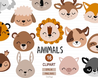 Clipart de cabeça de animais de bebê - Decoração de berçário de chá de bebê fofo - Retrato de animais - Rosto de animal safari - Urso Leão Tigre Porco Preguiça - SVG - PNG