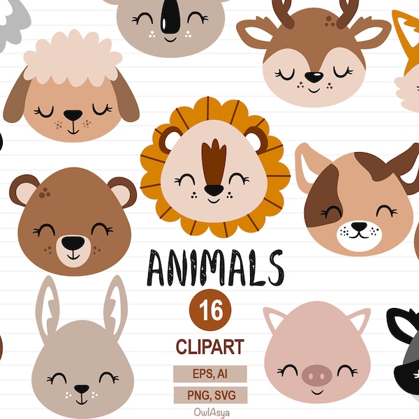 Baby Animals Head Clipart - Cute Baby Shower Nursery Decor - Animals Portrait - Safari Animal Face - Bear Lion Tiger Pig Sloth - SVG - PNG