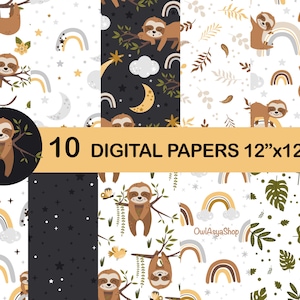 Op de afbeelding: Tien digitale papieren met een luiaardmotief in verschillende kleuren en ontwerpen. De papieren zijn 30,48 cm bij 30,48 cm.