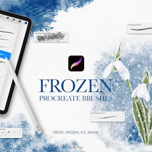 Pode incluir: Uma ilustração digital de um conjunto de pincéis Procreate para criar cenas de inverno. Os pincéis são chamados de "OwlAsya Frozen" e incluem efeitos de geada, neve e gelo. A imagem também mostra um tablet com a biblioteca de pincéis aberta, e uma flor de neve com geada.