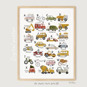 Transport alfabet posters, voertuigen ABC print, klas print, educatieve poster voor kinderen, decor van de kinderkamer, leren poster, digitale DOWNLOAD
