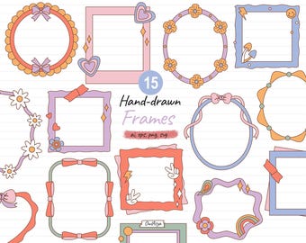 May include: Set of 15 hand-drawn frames in various shapes and colors, including hearts, bows, stars, and flowers. The frames are perfect for adding a touch of whimsy to your designs.