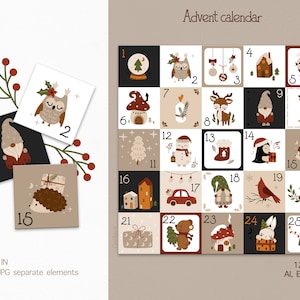 Calendario dell'Avvento stampabile, conto alla rovescia per Natale, calendario dell'Avvento, etichette natalizie, biglietti calendario, etichette regalo, poster digitale stampabile
