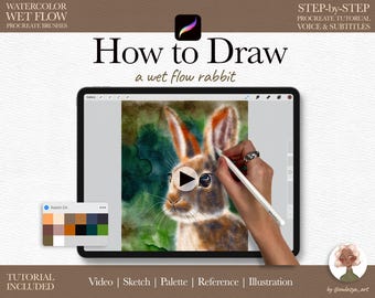 May include: How to Draw a Wet Flow Rabbit Procreate Tutorial. A step-by-step Procreate tutorial on how to draw a rabbit using wet flow brushes. The tutorial includes a video, sketch, palette, reference image, and illustration.