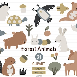 Niedliche Waldtiere Clipart, Waldtiere, kleine Tiere SVG, Kinderzimmer Dekor, Vektor Wald, druckbare Kunst, Fuchs Bär Schnecke Beaver Eule