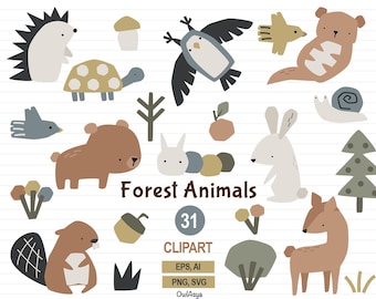 Imágenes Prediseñadas de animales del bosque lindo, animales del bosque, pequeños animales SVG, decoración del vivero, bosque vectorial, arte imprimible, zorro oso caracol castor búho